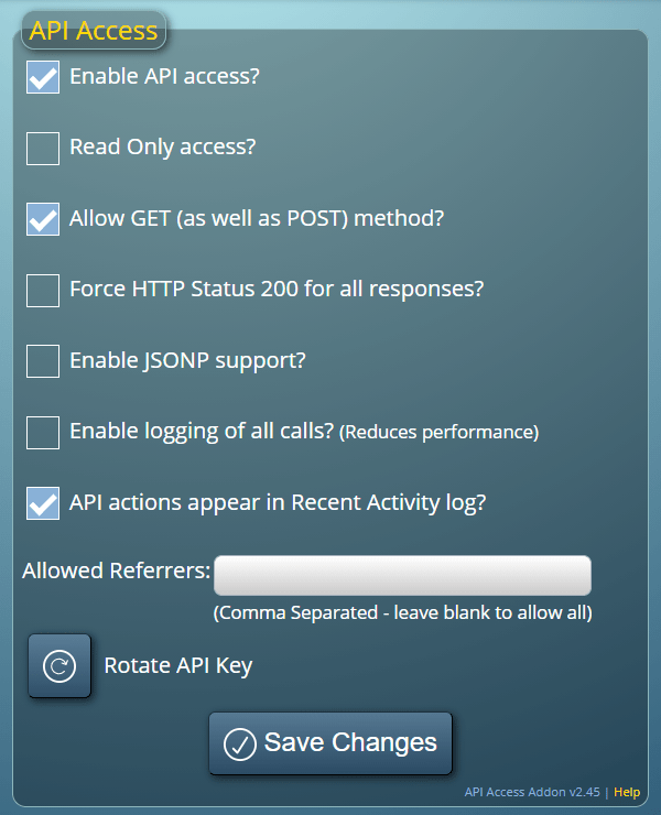MIDAS API Settings