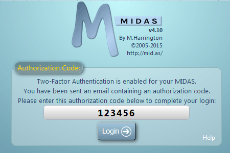 Two-factor login authentication for MIDAS