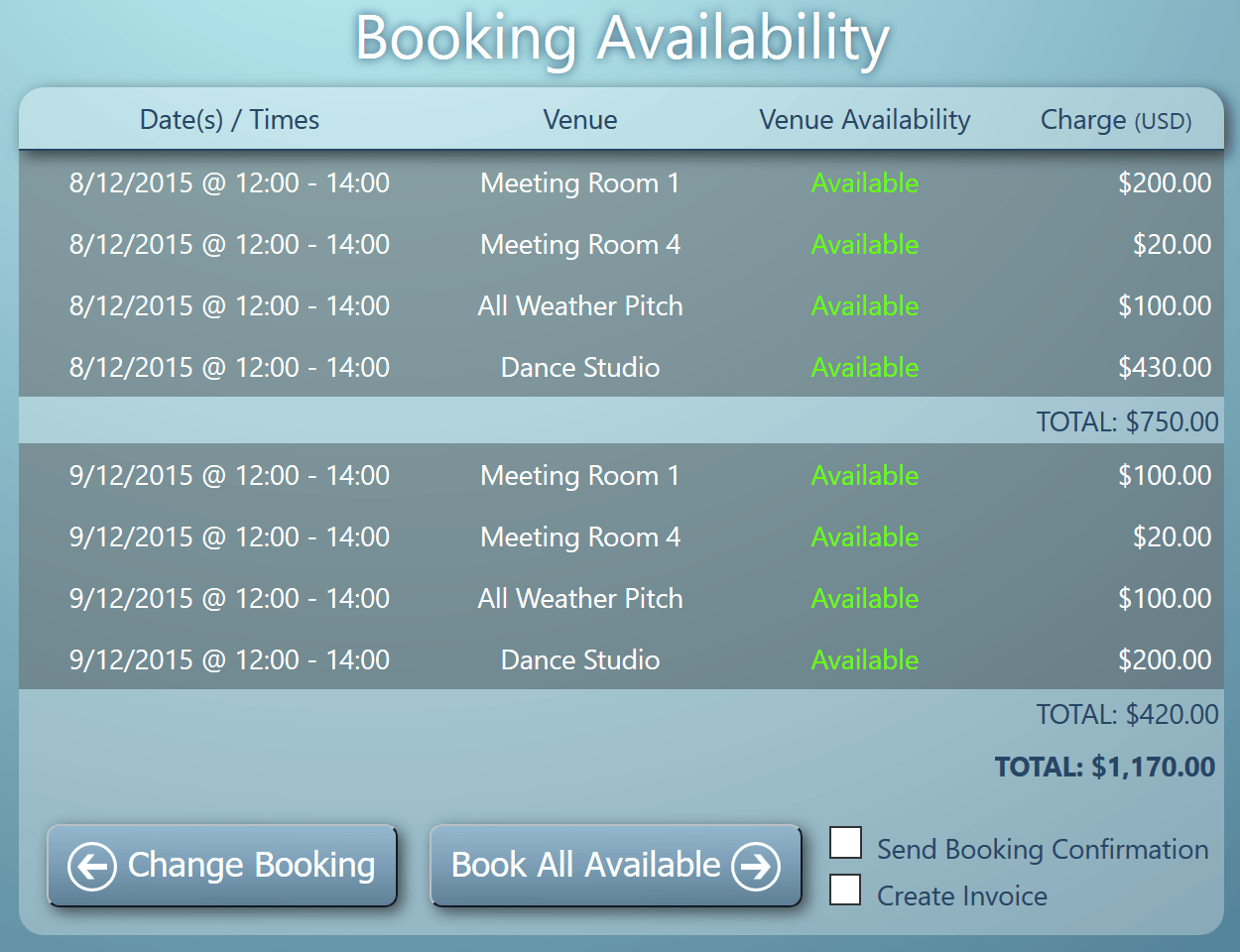 Indicate hire charges directly on the Booking Availability screen
