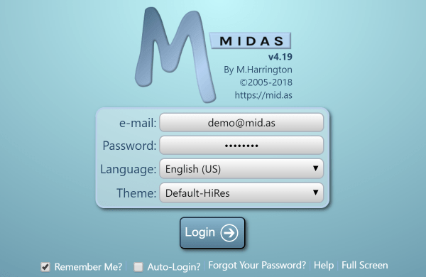 MIDAS v4.19 login screen