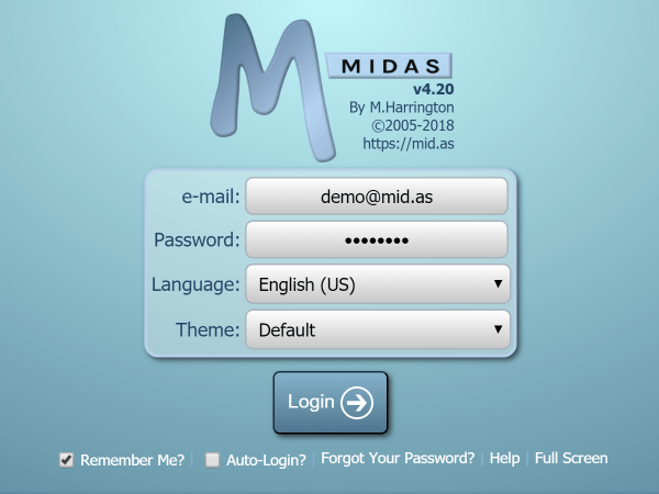 MIDAS v4.20 login screen