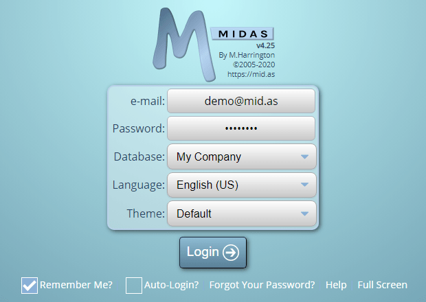 MIDAS v4.25 Login Screen with increased font size