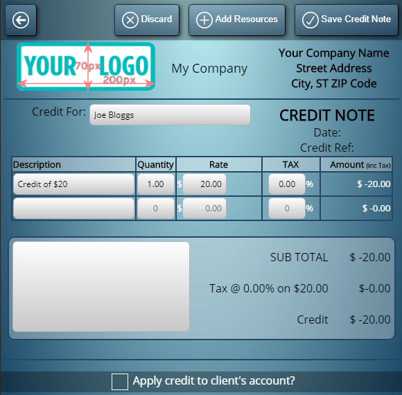 Manually create a credit note for a client