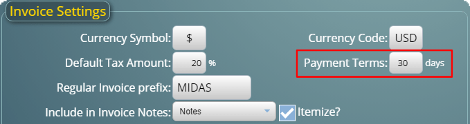 Default Invoice Payment Terms in MIDAS