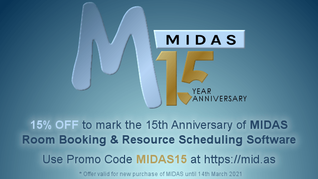 15% Discount off MIDAS Room Booking & Resource Scheduling Systems