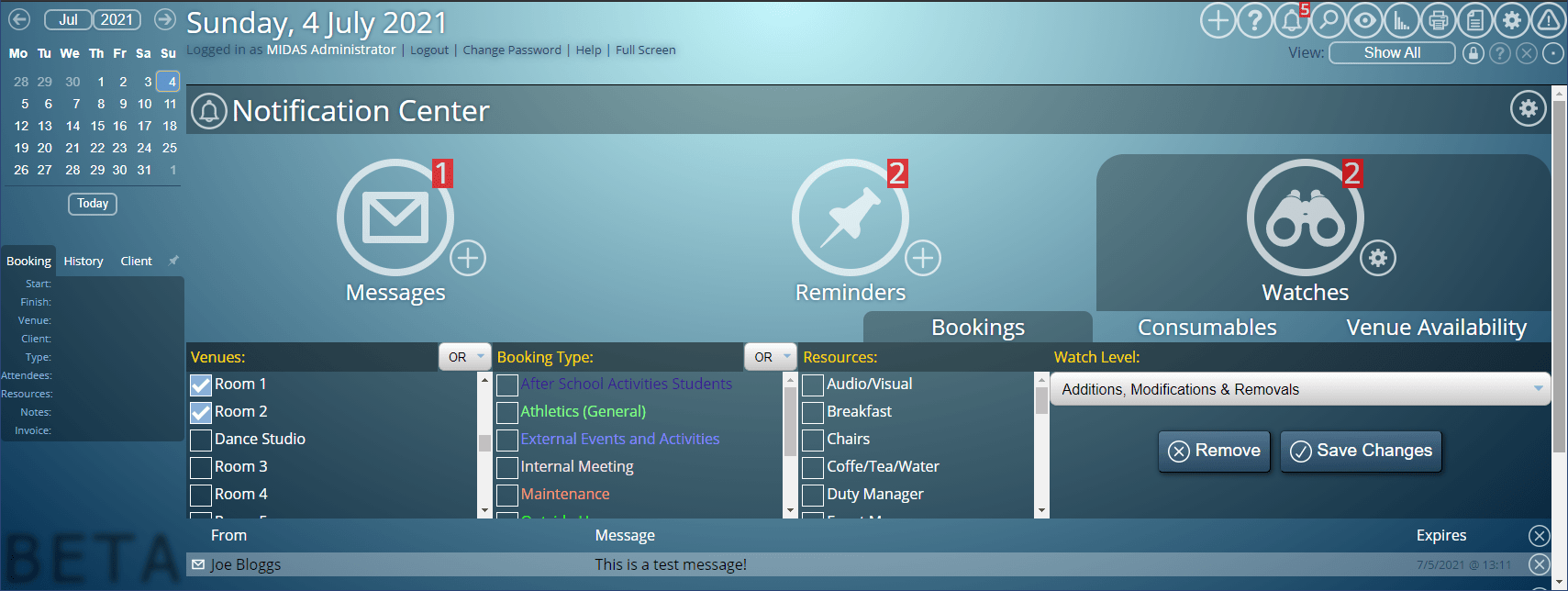 Configure Watch notifications in a MIDAS booking system