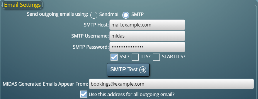 Email settings and SMTP Test button in MIDAS