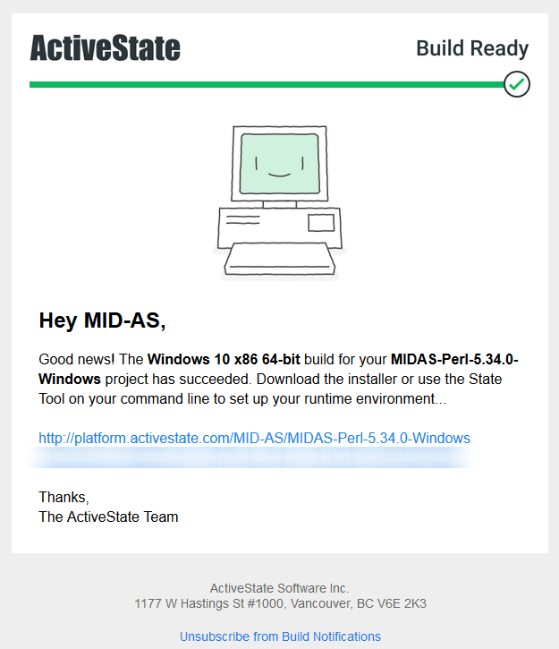 Email notification from ActiveState indicating that a stand-alone installer is available