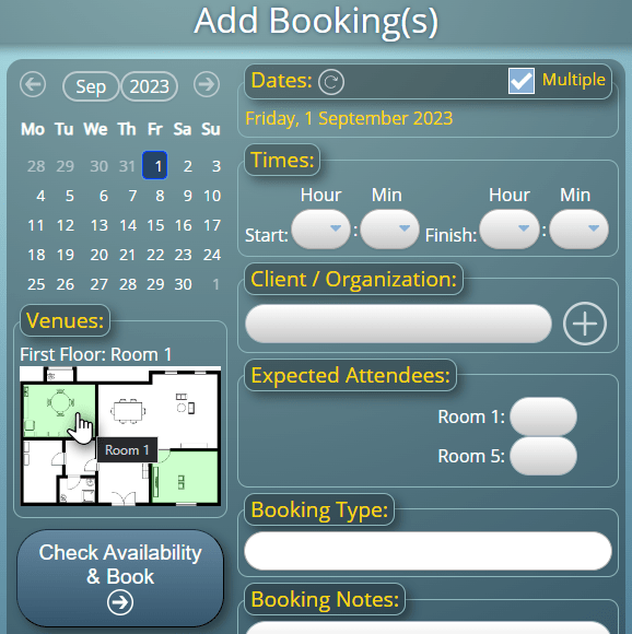 Visually selecting venues from a floor plan on the Add Bookings screen