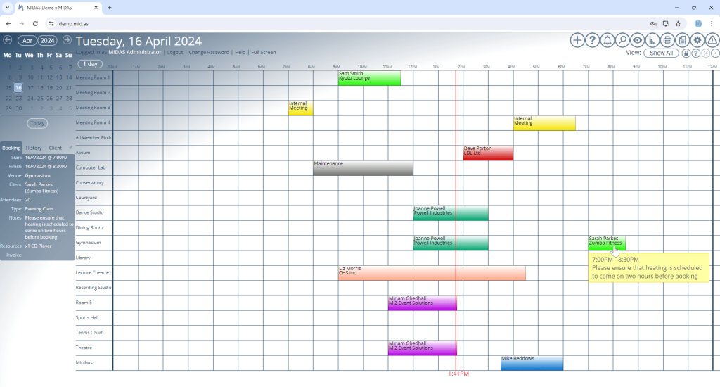 The Booking Grid under the new default visual theme for MIDAS
