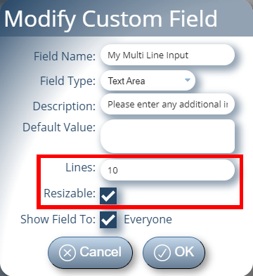 New custom Text Area field options