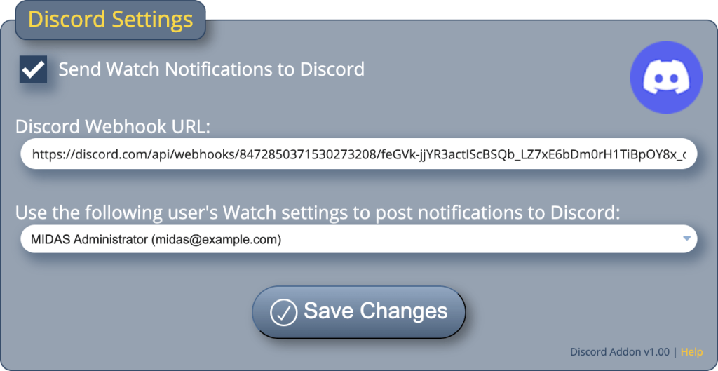 MIDAS Discord addon settings