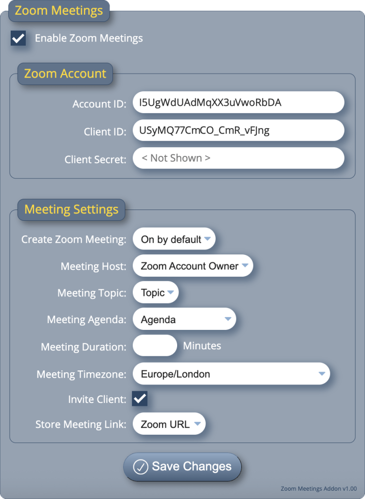 Zoom Meetings addon settings in MIDAS