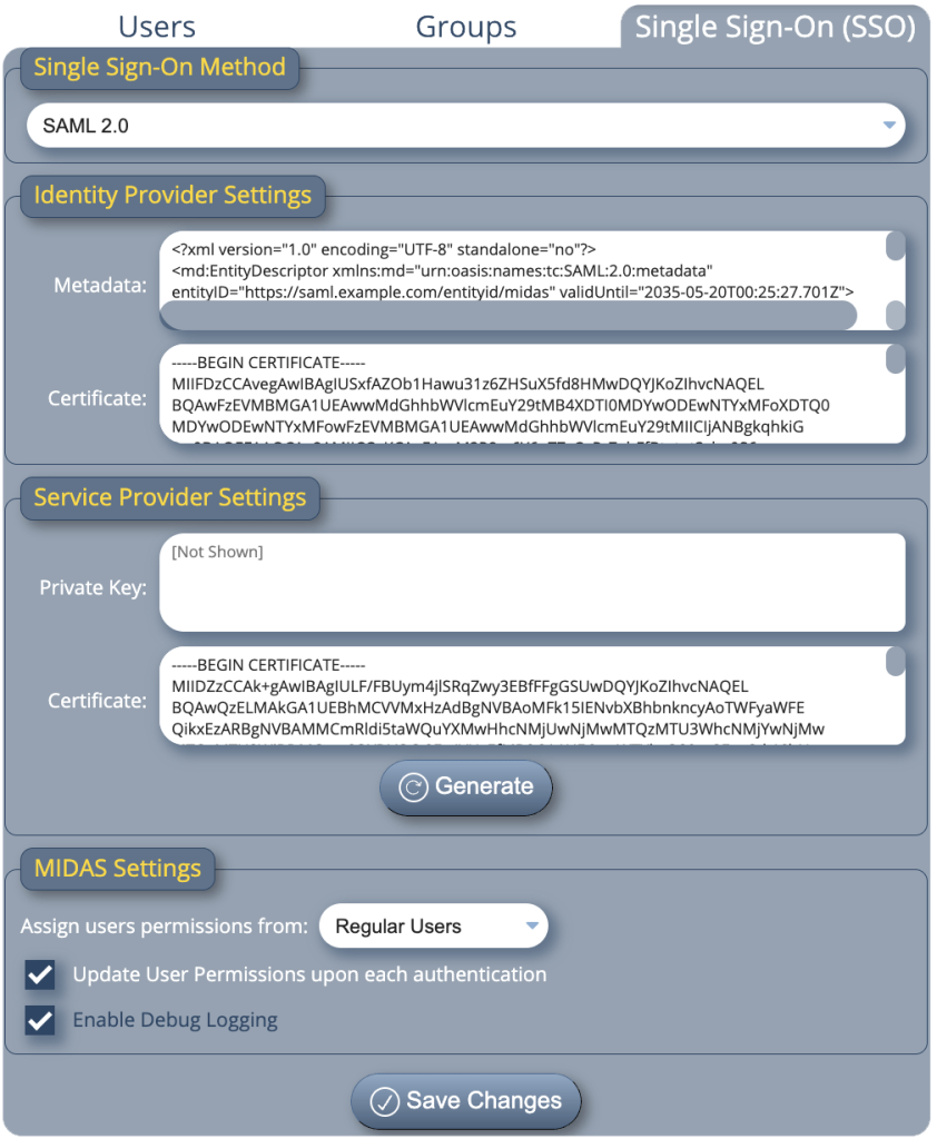 SAML 2.0 settings in MIDAS