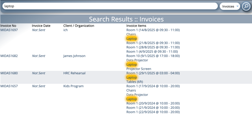 Search in invoices