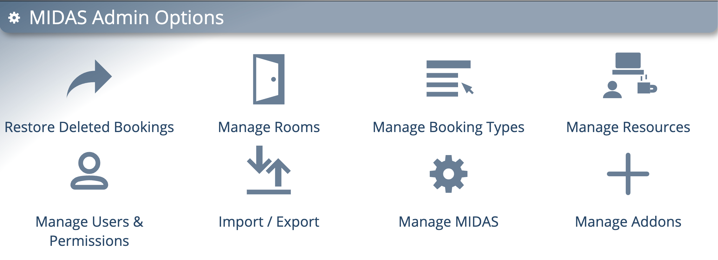 New icons on the MIDAS Admin Options screen