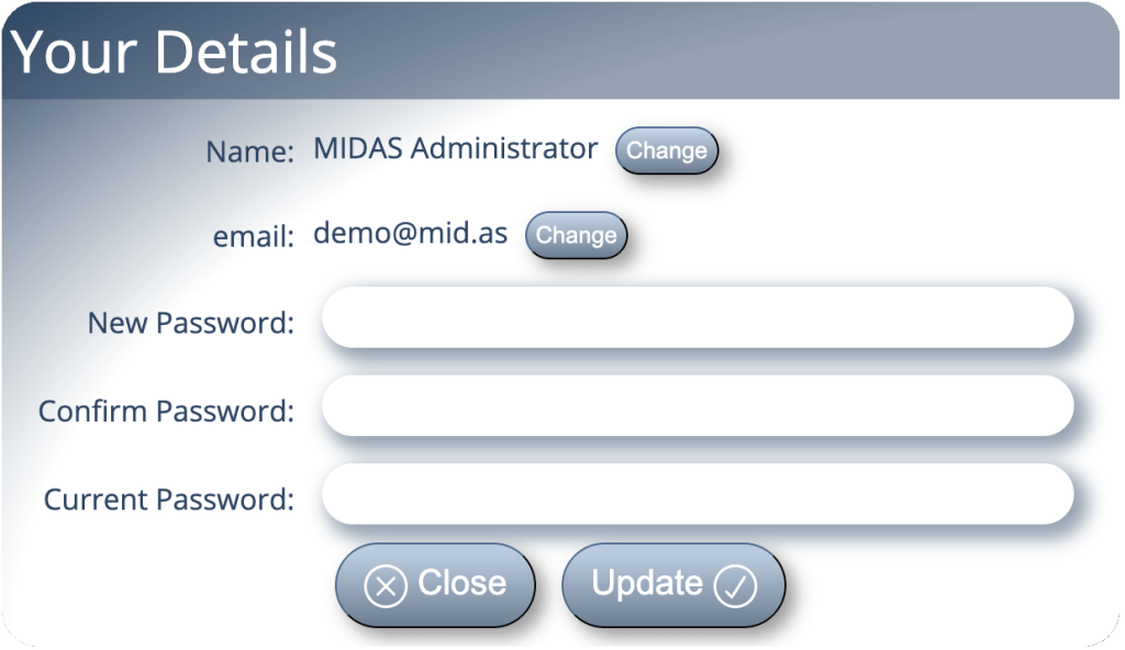 Updating your name, email, or password in MIDAS v4.41