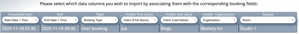 Field mapping interface when importing booking data into MIDAS