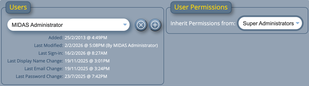 User account inheriting permissions from a user group in MIDAS v4.42