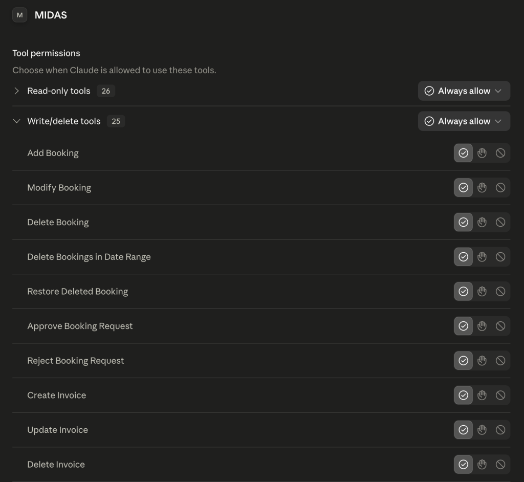 Some of the tools available in the MIDAS MCP Server (shown here in Claude Desktop)